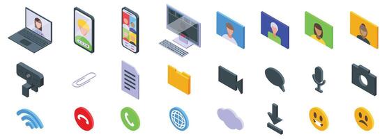 Videocall icons set. People connecting through video conference call using various devices isometric icons set vector