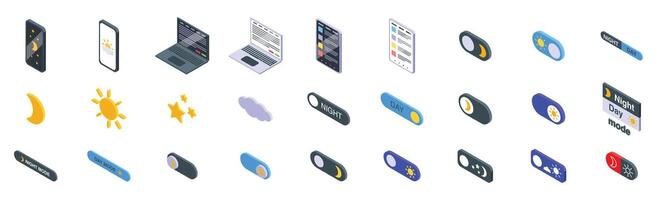 Night day mode icons set. Set of icons representing day and night mode for user interface in isometric view vector