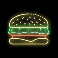 Neon sign showing delicious glowing burger with lettuce and sesame seeds vector