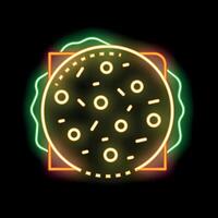 Glowing neon sign of hamburger with lettuce and sesame seeds on bun vector