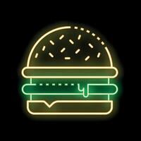 Glowing neon icon of hamburger with cutlet cheese and sesame seeds for fast food restaurant vector