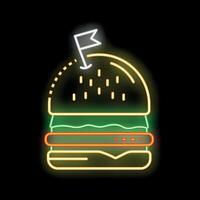 Bright neon sign showing a delicious burger with a flag on top vector