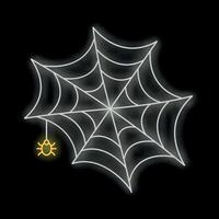 Bright glowing neon white cobweb with hanging spider on black background vector