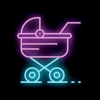 Neon icon of baby stroller glowing in dark background vector
