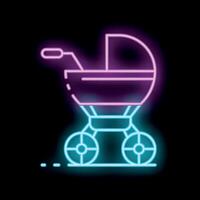 Neon icon of baby carriage stroller glowing on black background vector