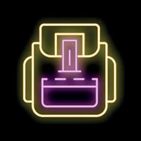 Neon icon of backpack with hydration system glowing on black background vector