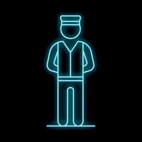 Neon blue pilot standing with hands behind back on black background vector