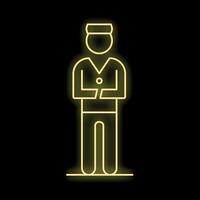 Neon icon of a bellboy with folded arms on black background vector