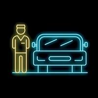Neon icon of valet parking attendant standing near car on black background vector
