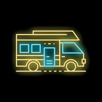 Glowing neon line camper van icon isolated on black background vector