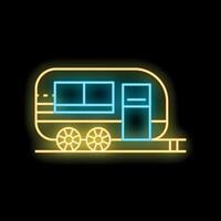 Glowing neon line icon representing a travel trailer, isolated on a black background vector