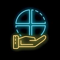 Neon icon of a hand holding a globe representing global business vector