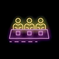 Neon icon of three judges sitting at table during contest vector
