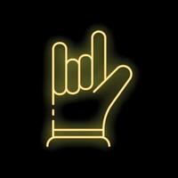 Neon yellow hand showing rock and roll sign on black background vector