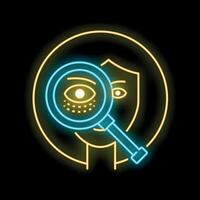 Neon icon of magnifying glass analyzing woman's face for facial recognition vector