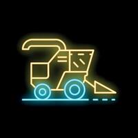 Glowing neon icon of a yellow and blue combine harvester working a field vector