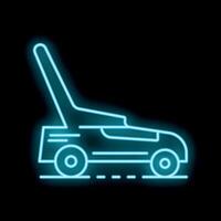 Neon lawn mower cutting grass icon glowing on black background vector
