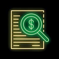 Neon icon of magnifying glass examining financial document for budget analysis vector