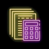 Neon calculator performing accounting calculations with documents nearby vector
