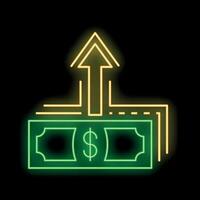 Neon green dollar bill increasing its value with upward arrow vector
