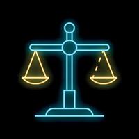 Neon scales of justice balancing on black background vector