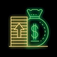 Glowing neon sign of money bag and stack of coins increasing value vector