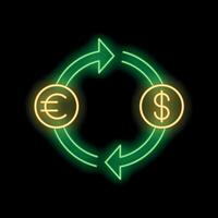 Neon green glowing exchange rate converting euro and dollar sign in circle on black background vector