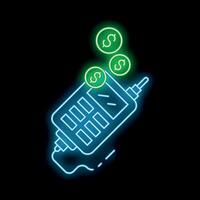 Neon pos terminal accepting contactless payment with dollar coins vector