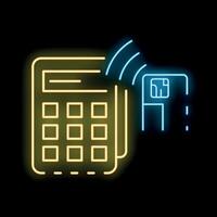 Neon sign of contactless payment system using pos terminal and credit card vector