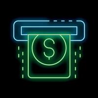 Neon atm cash machine withdrawing money icon glowing on dark background vector