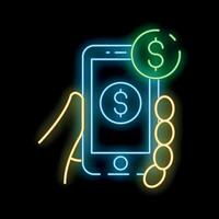 Hand holding smartphone with dollar coins showing mobile payment concept in neon style vector