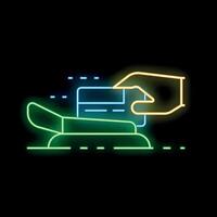 Neon icon of a hand inserting a credit card in a pos terminal on a black background vector