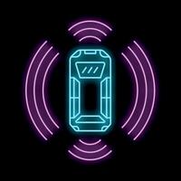 Neon sign of portable battery emitting wifi signal on black background vector
