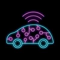 Neon icon of smart car using wireless network for communication and location vector