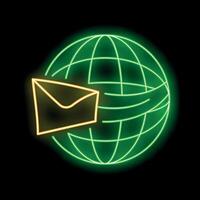 Neon mail envelop flying around the world representing global communication vector