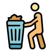 Volunteer picking up trash into trash bin filled with paper waste vector