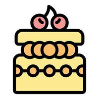 Delicious square cake decorated with cherries and round cookies icon vector