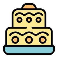 Two tiered cake with wavy icing and round sprinkles standing on a plate vector