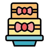 Two tiered cake with bows sitting on cake stand icon vector