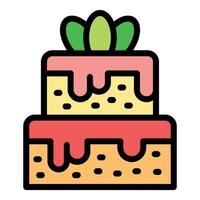 Two tier cake with green leaves is covered with dripping icing vector