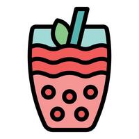 Glass is filled with bubble tea with tapioca balls and a mint leaf decorated with a straw inside the beverage vector
