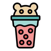 Plastic cup with lid and cute bear drinking bubble tea icon vector