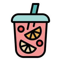 Plastic cup with lid and straw containing sliced citrus fruit and berries icon vector