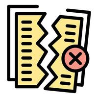 Torn paper document is invalid with red cross sign showing error status vector