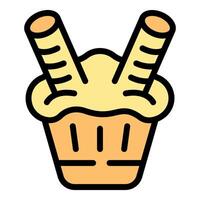Cupcake with cream and wafer rolls icon vector illustration