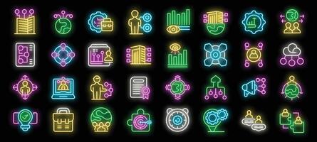 Business company structure organization management hierarchy neon icon set vector