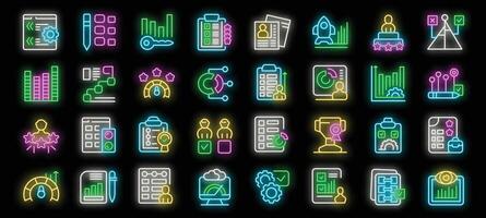 Evaluating business performance and measuring success with neon icons vector