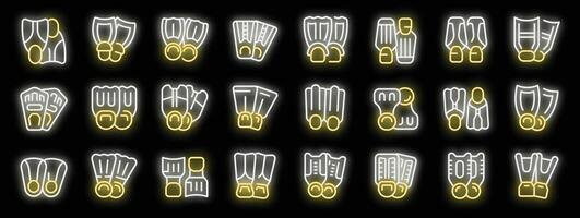 Set of diving flippers neon icons glowing on black background vector