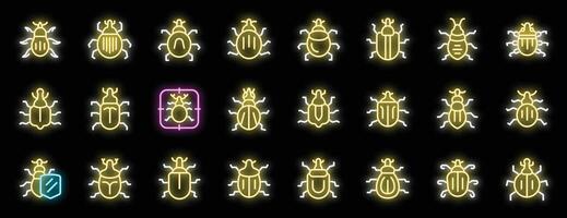 Set of bug searching neon light icons glowing brightly on a black background vector