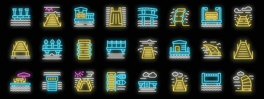 Set of pier and jetty neon light icons showing coastline structures vector